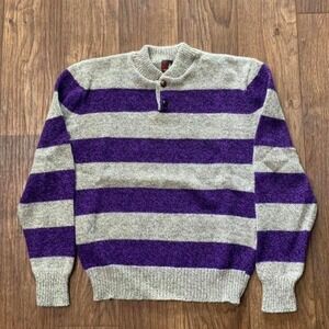 Vtg‎ Mervyns Striped Wool Sweater Purple Grey Wooden Button Large Grunge Preppy